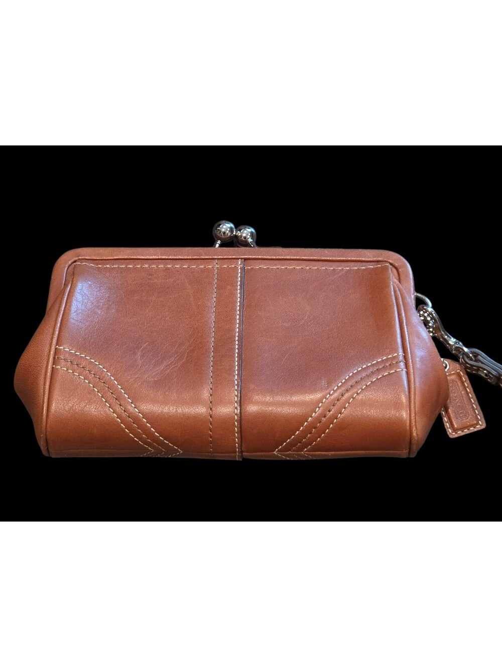Coach Soho Brown Leather With White Stitching Kisslock Bag Purse Wristlet